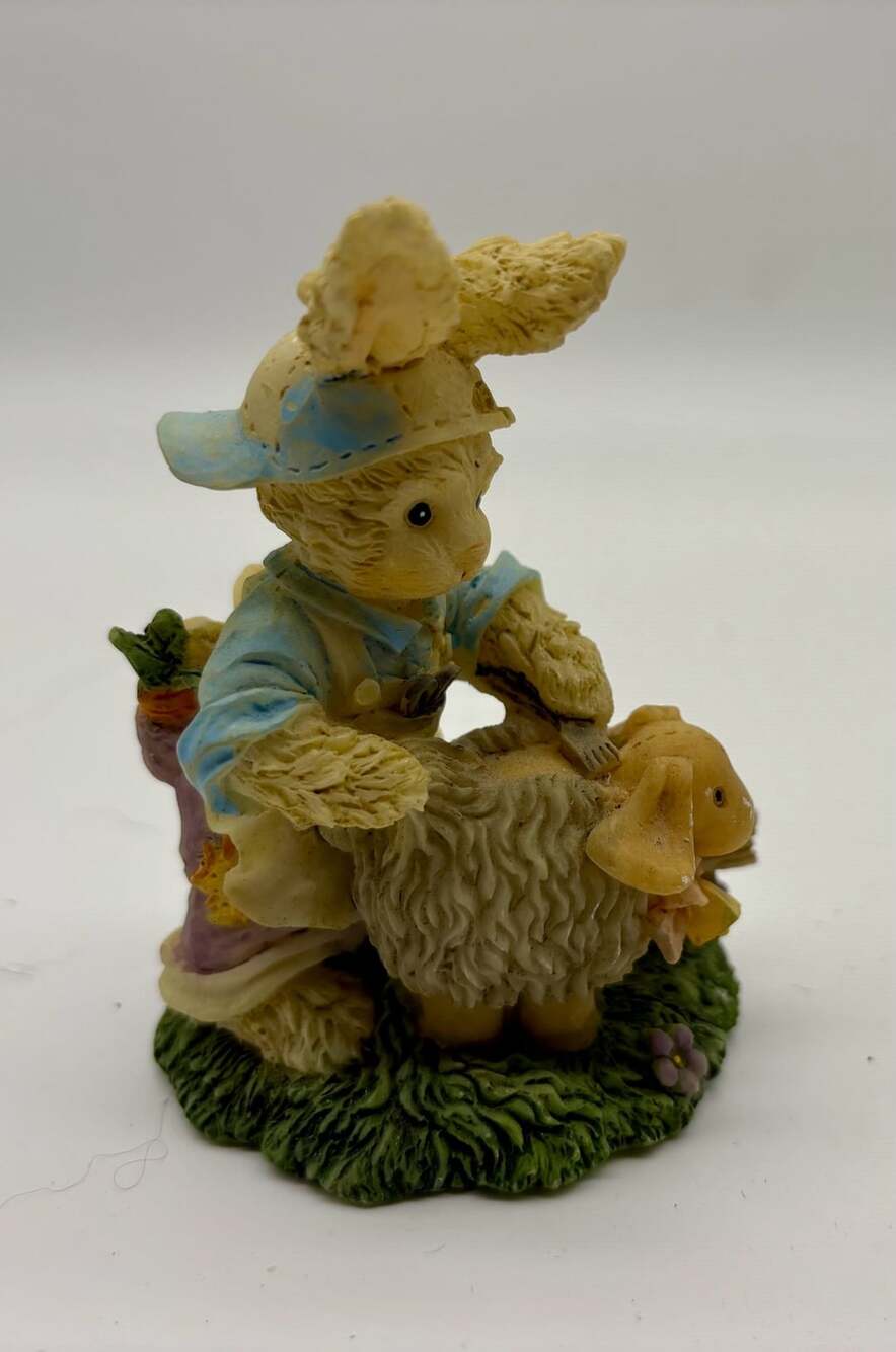 Vintage Easter Bunny and Lamb Resin Figurine Rabbit Grooming Sheep